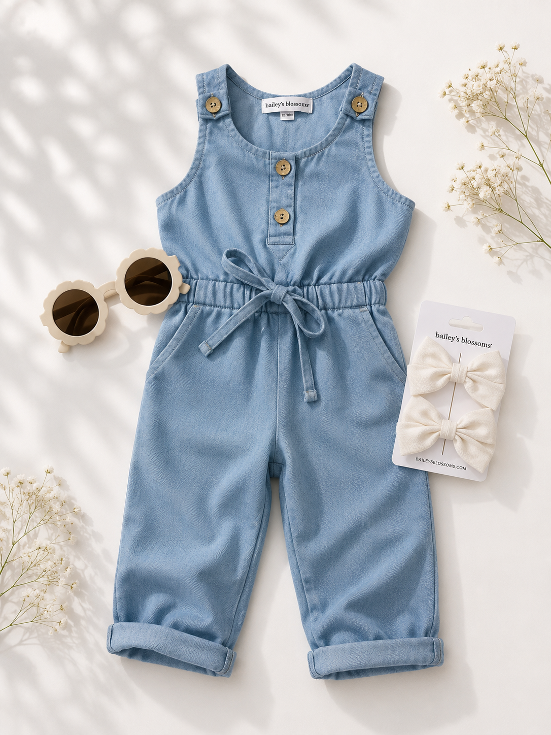 Ari Button Front Denim Jumpsuit - Light Wash - Bailey's Blossoms