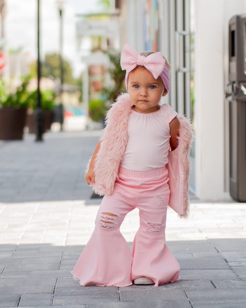 Barbie Pleated Denim Bell Bottoms PowerPuff Distressed Pink