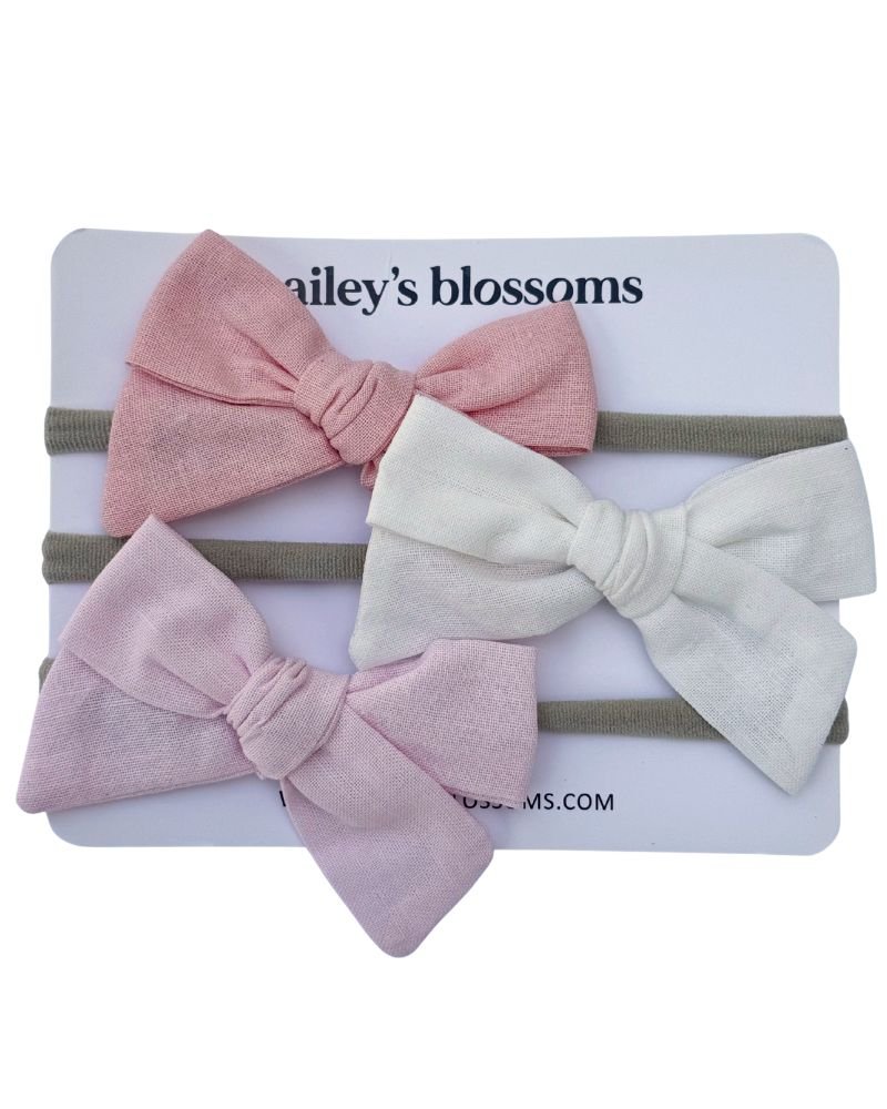 3 - piece Linen Cotton Nylon Headband Set - Rose Pink, White, Light Pink product_type - Bailey's Blossoms