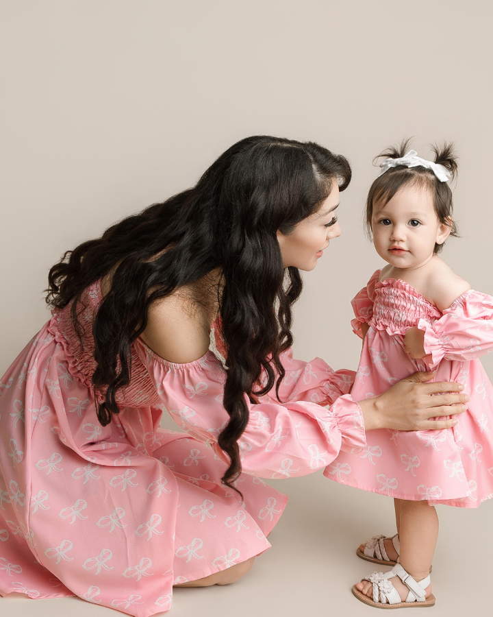 Calliope Puff Sleeve Off Shoulder Dress - Pink Bows