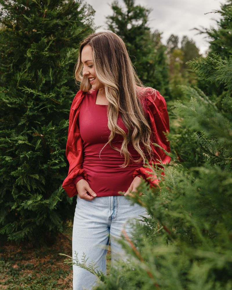 Evangeline Satin Sleeve Top &amp; Leotard - Crimson Red