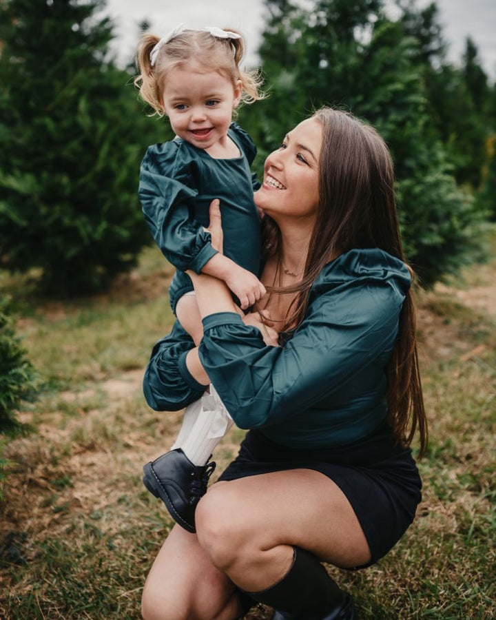Evangeline Satin Sleeve Top &amp; Leotard - Pine Green