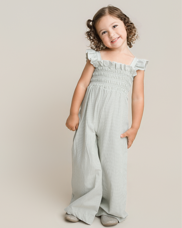 Goldie Smocked Jumpsuit - Sage Pinstripe