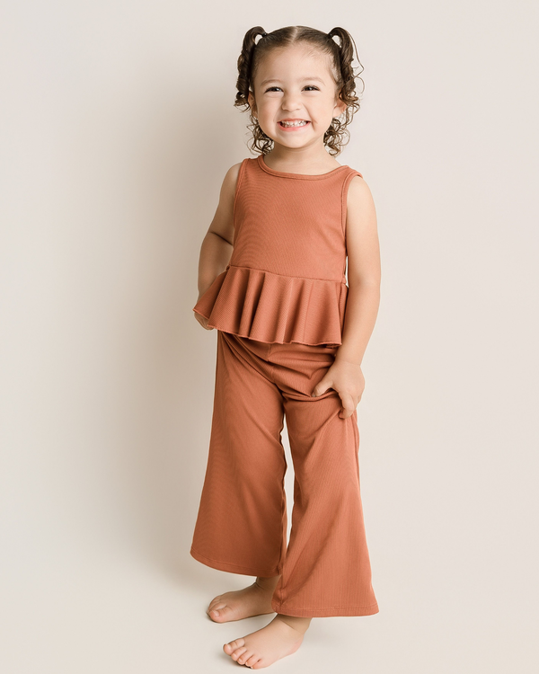Hattie Peplum Top Two-Piece Wide Leg Set - Copper Ember