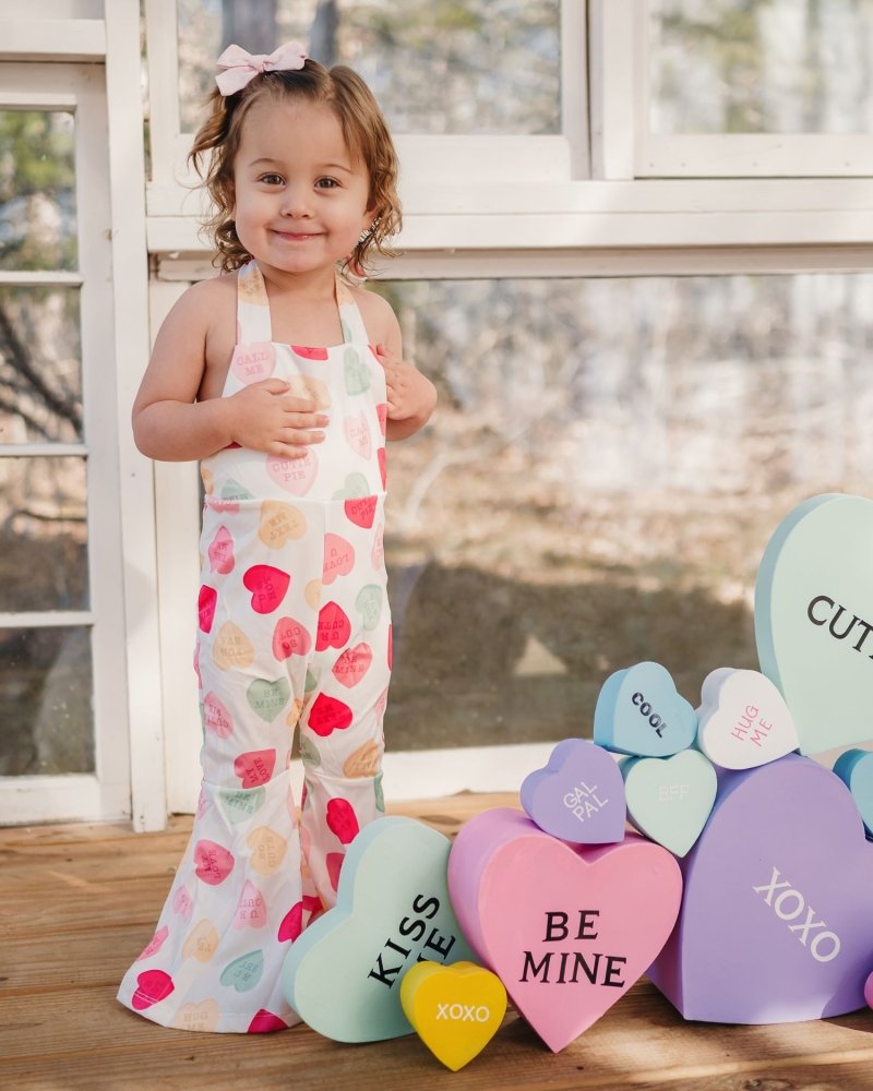 Andi Pleated Bell Bottom Jumpsuit - Conversation Hearts product_type - Bailey's Blossoms