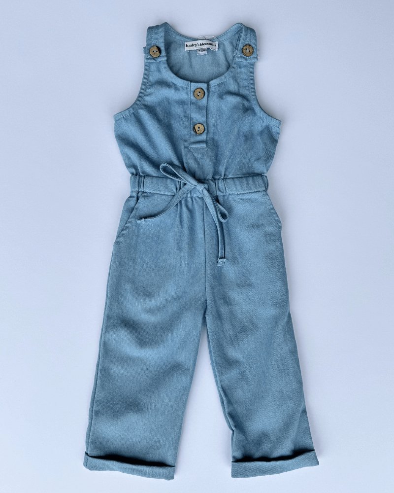 Ari Button Front Denim Jumpsuit - Light Wash - Bailey's Blossoms