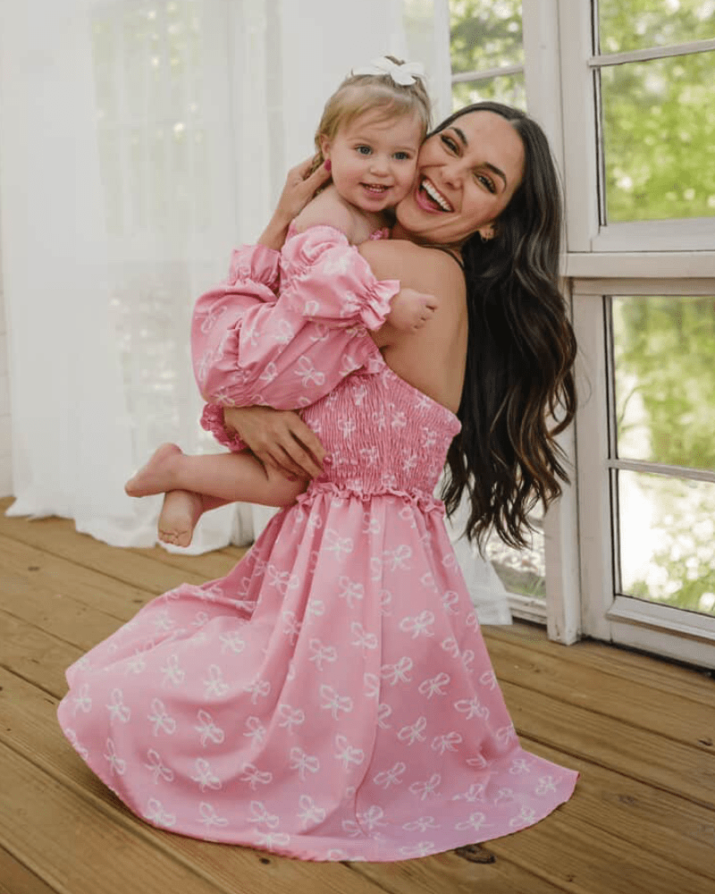 Calliope Puff Sleeve Off Shoulder Dress - Pink Bows product_type - Bailey's Blossoms