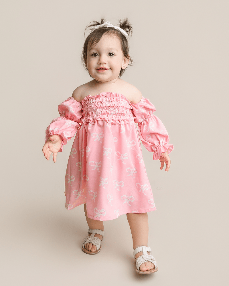 Calliope Puff Sleeve Off Shoulder Dress - Pink Bows product_type - Bailey's Blossoms