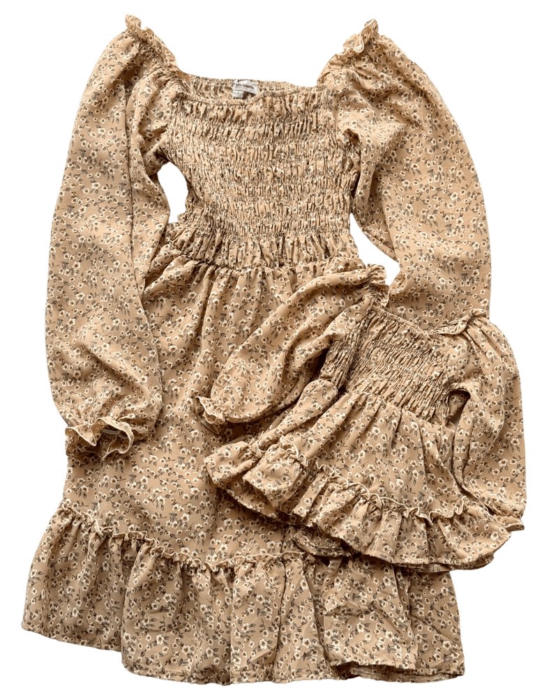 Caroline Long Sleeve Square Neck Dress - Khaki Floral #product_type - Bailey's Blossoms