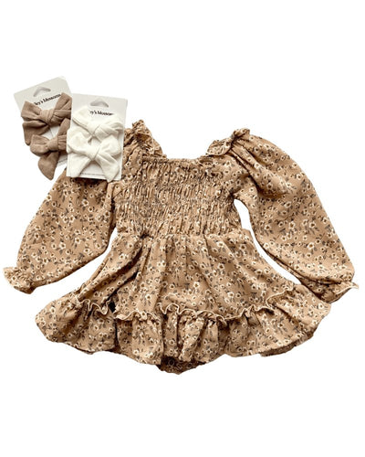 Caroline Long Sleeve Square Neck Dress - Khaki Floral #product_type - Bailey's Blossoms