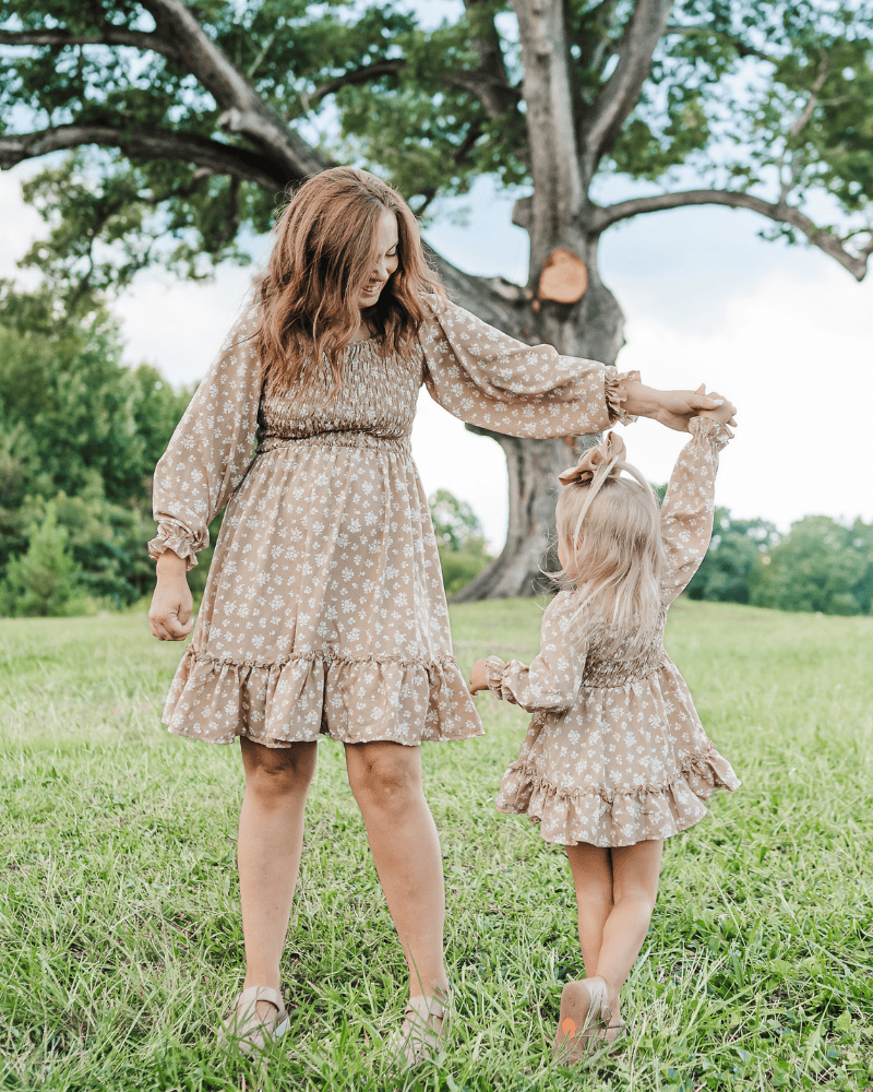 Caroline Long Sleeve Square Neck Dress - Light Khaki Floral #product_type - Bailey's Blossoms