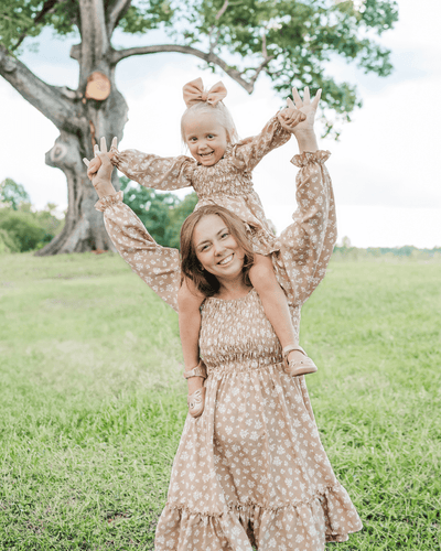 Caroline Long Sleeve Square Neck Dress - Light Khaki Floral #product_type - Bailey's Blossoms
