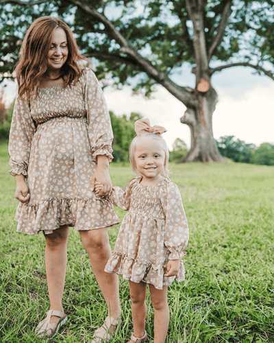 Caroline Long Sleeve Square Neck Dress - Light Khaki Floral #product_type - Bailey's Blossoms