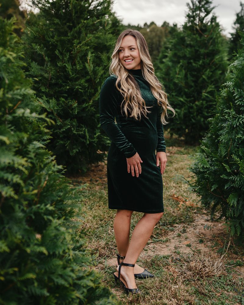 Delta Mock Neck Dress - Hunter Green Velour Delta Mock Neck Dress - Hunter Green Velour