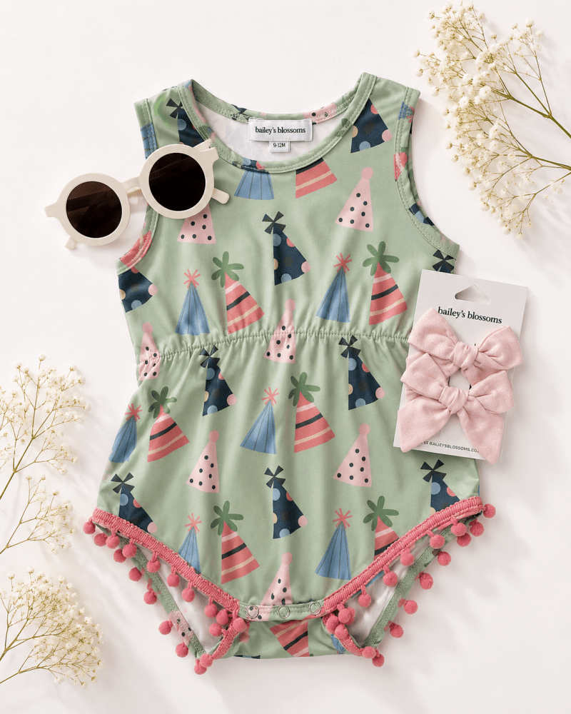 Dillon Pom Pom Romper - Party Hats product_type - Bailey's Blossoms