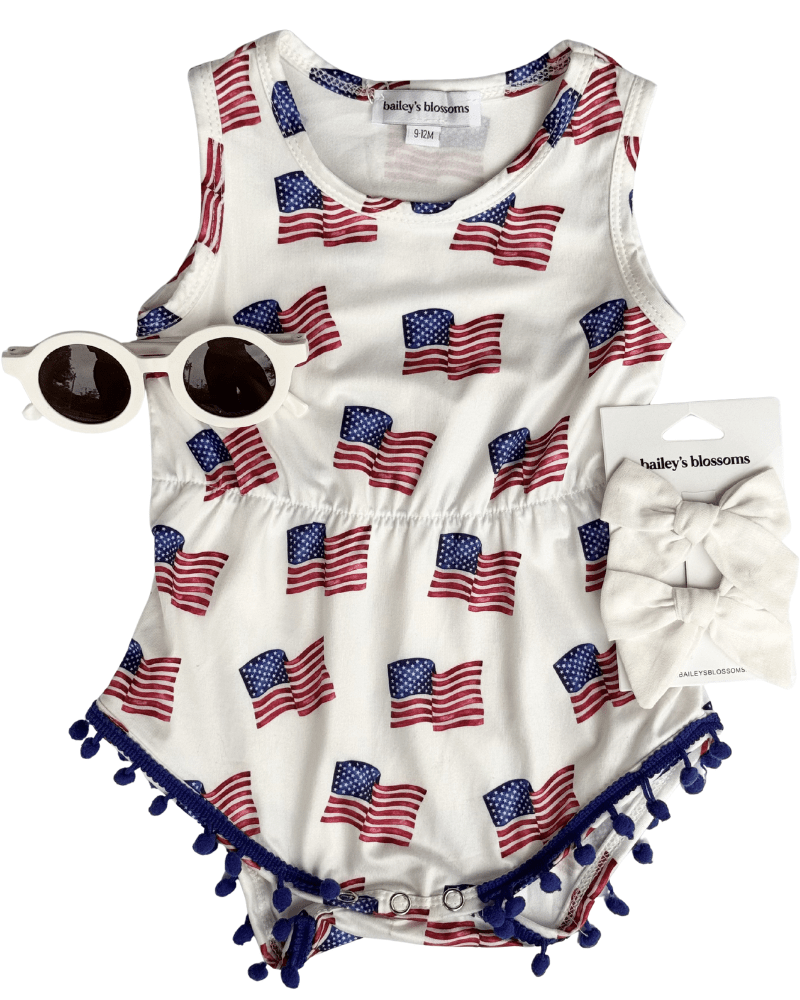 Dillon Pom Pom Romper - Patriotic Flags product_type - Bailey's Blossoms