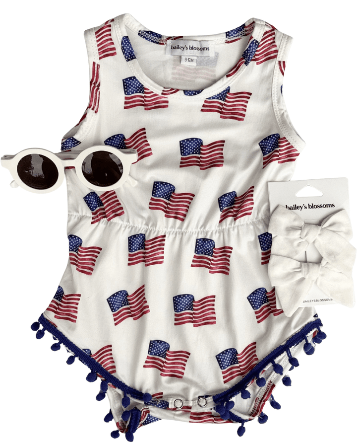 Dillon Pom Pom Romper - Patriotic Flags product_type - Bailey&