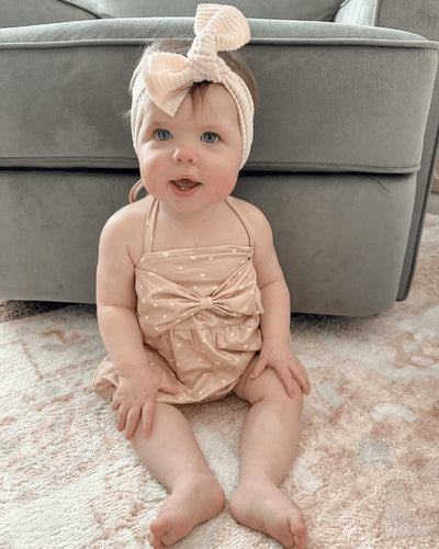 Dottie Bow Front Bubble Romper - Tan Hearts #product_type - Bailey's Blossoms