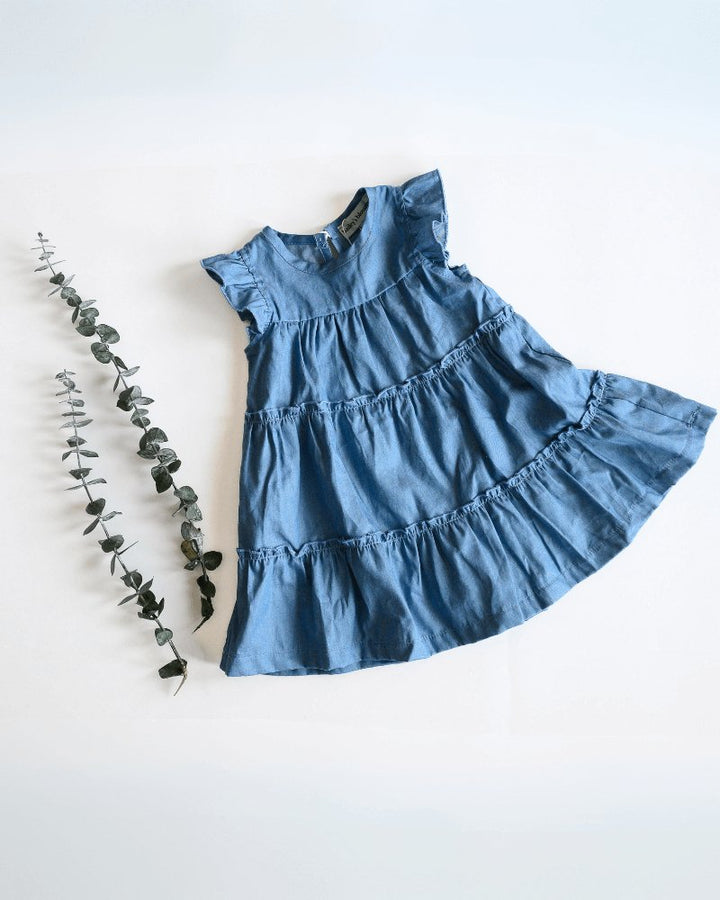 Georgie Tiered Flutter Sleeve Dress - Light Denim 