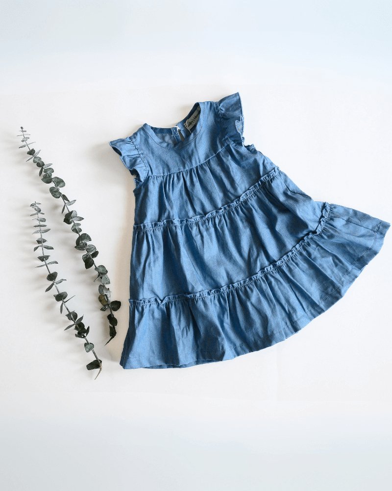 denim dress with frills Georgie Tiered Flutter Sleeve Dress - Light Denim