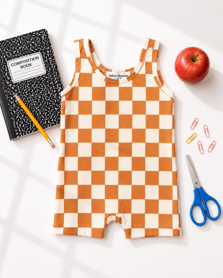 Gigi Bikeshort Romper - Orange Sunrise Check product_type - Bailey&