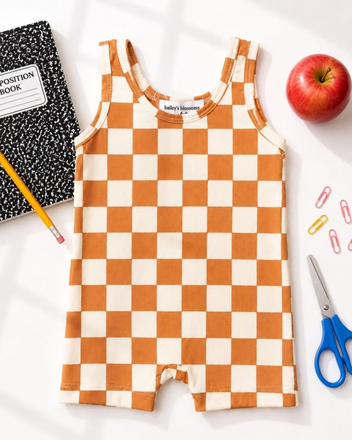 Gigi Bikeshort Romper - Orange Sunrise Check product_type - Bailey&