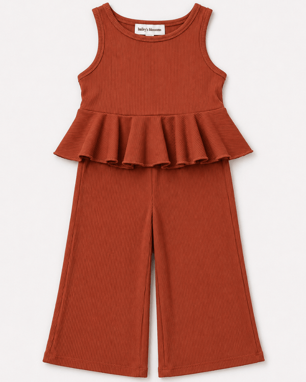 Hattie Peplum Top Two-Piece Wide Leg Set - Copper Ember product_type - Bailey's Blossoms