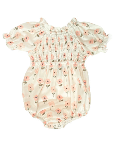 Jolie Puff Sleeve Smocked Bubble Romper - Pink Blossoms #product_type - Bailey's Blossoms