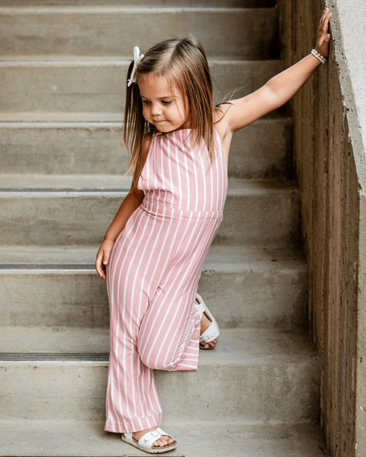 Striped bell bottom jumpsuit sales