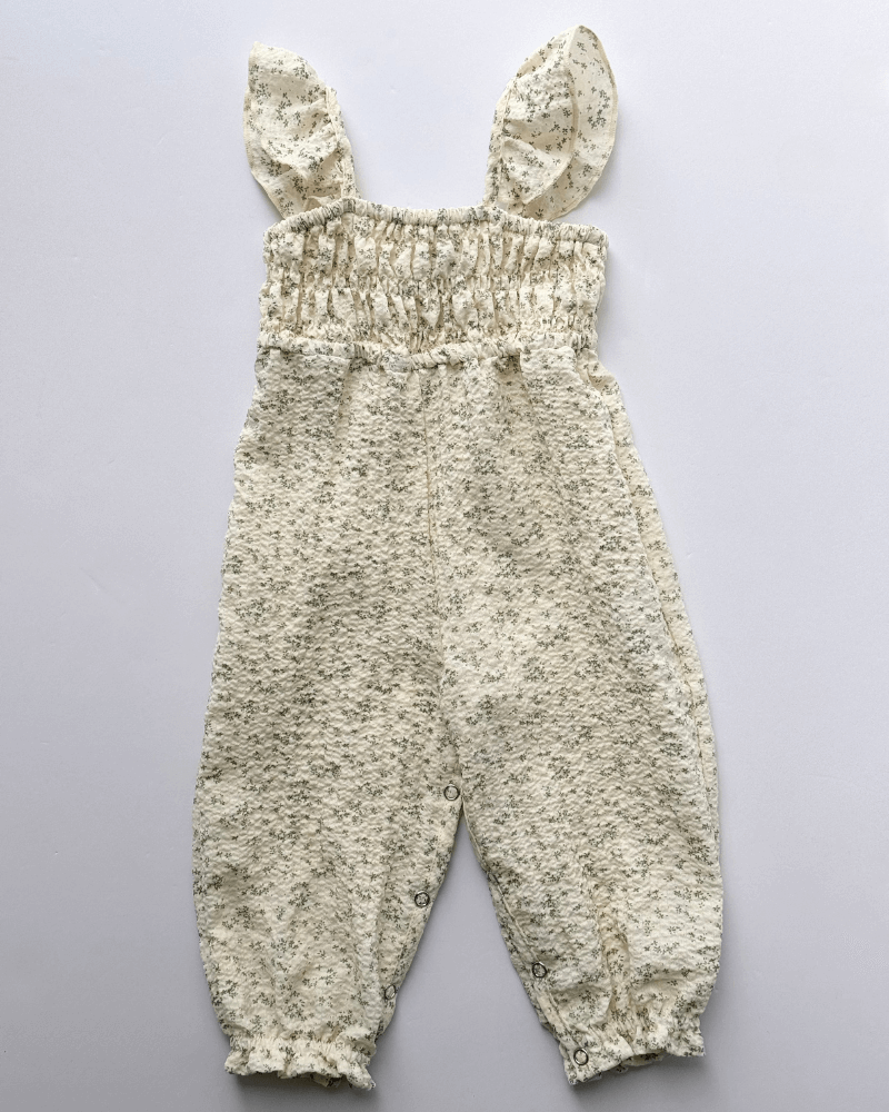 Paisley Smocked Ruffle Jumpsuit - White with Green Leaves 