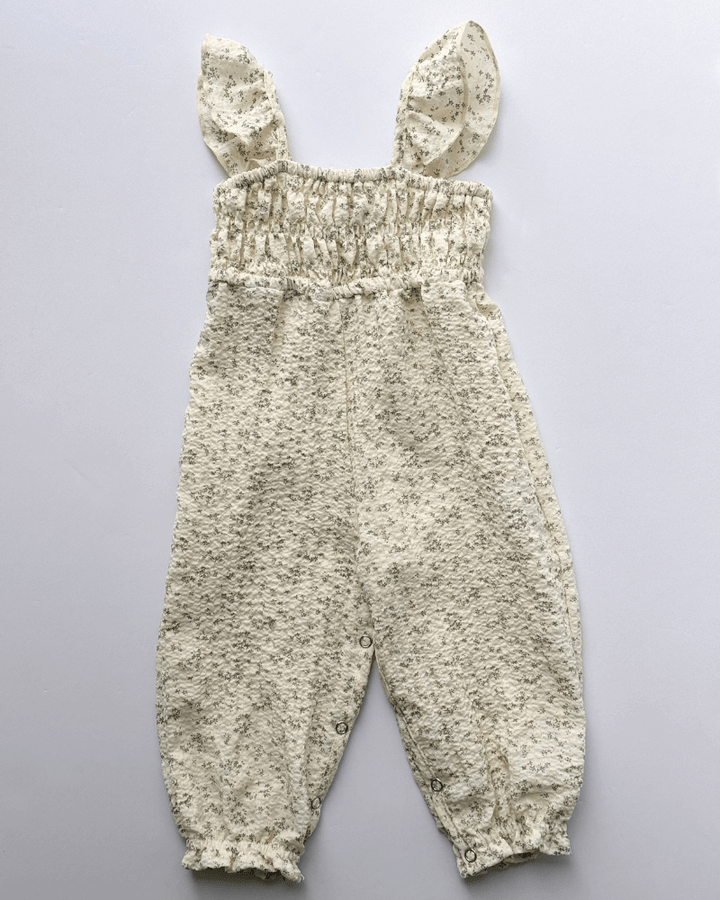 Paisley Smocked Ruffle Jumpsuit - White with Green Leaves 