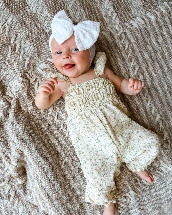 Paisley Smocked Ruffle Jumpsuit - White with Green Leaves product_type - Bailey&