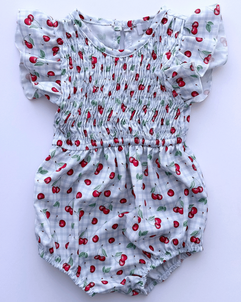 PREORDER! Astrid Flutter Sleeve Bubble Romper - Blue Gingham Cherry #product_type - Bailey's Blossoms