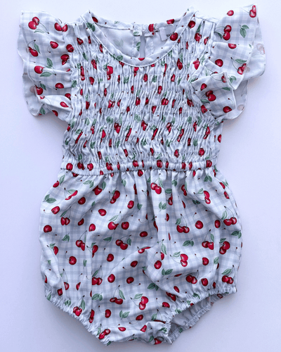 PREORDER! Astrid Flutter Sleeve Bubble Romper - Blue Gingham Cherry #product_type - Bailey's Blossoms