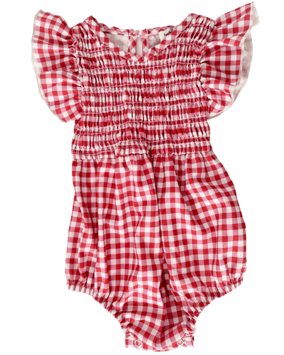 PREORDER! Astrid Flutter Sleeve Bubble Romper - Red & White Gingham Cherry #product_type - Bailey's Blossoms