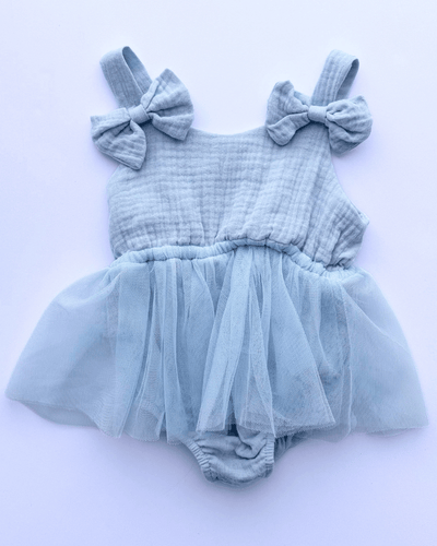 PREORDER! Dawsyn Bow Front Tulle Bubble Romper - Slate Blue #product_type - Bailey's Blossoms