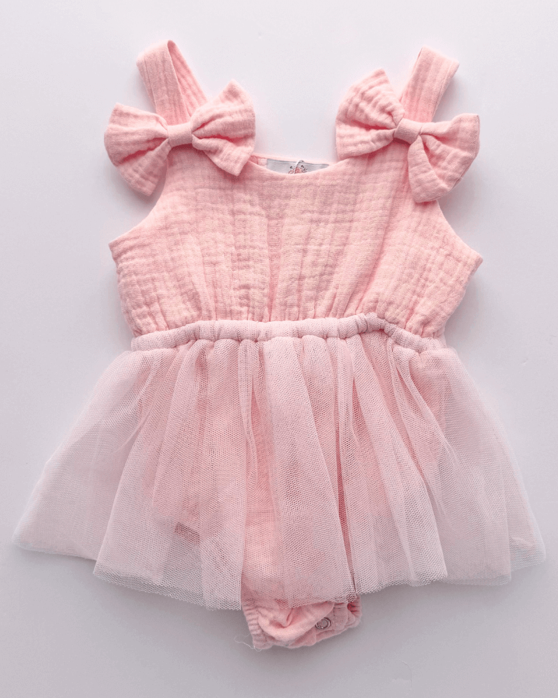 PREORDER! Dawsyn Bow Front Tulle Bubble Romper - Strawberry Ice #product_type - Bailey's Blossoms