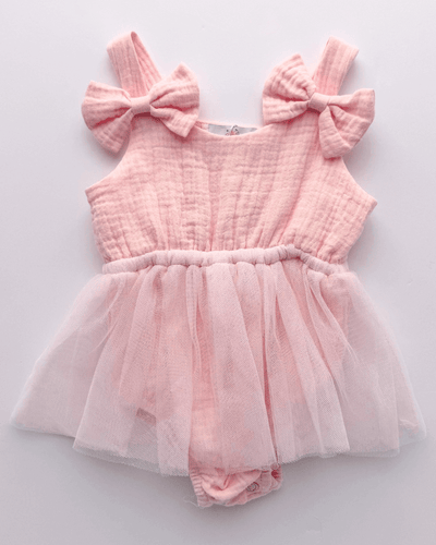 PREORDER! Dawsyn Bow Front Tulle Bubble Romper - Strawberry Ice #product_type - Bailey's Blossoms