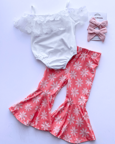 PREORDER! Keely Exaggerated Bell Bottoms - Coral with Flowers #product_type - Bailey's Blossoms
