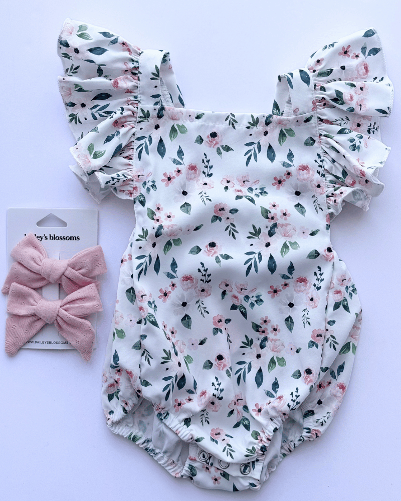 PREORDER! Shiloh Ruffle Back Romper - Pink and White Floral #product_type - Bailey's Blossoms