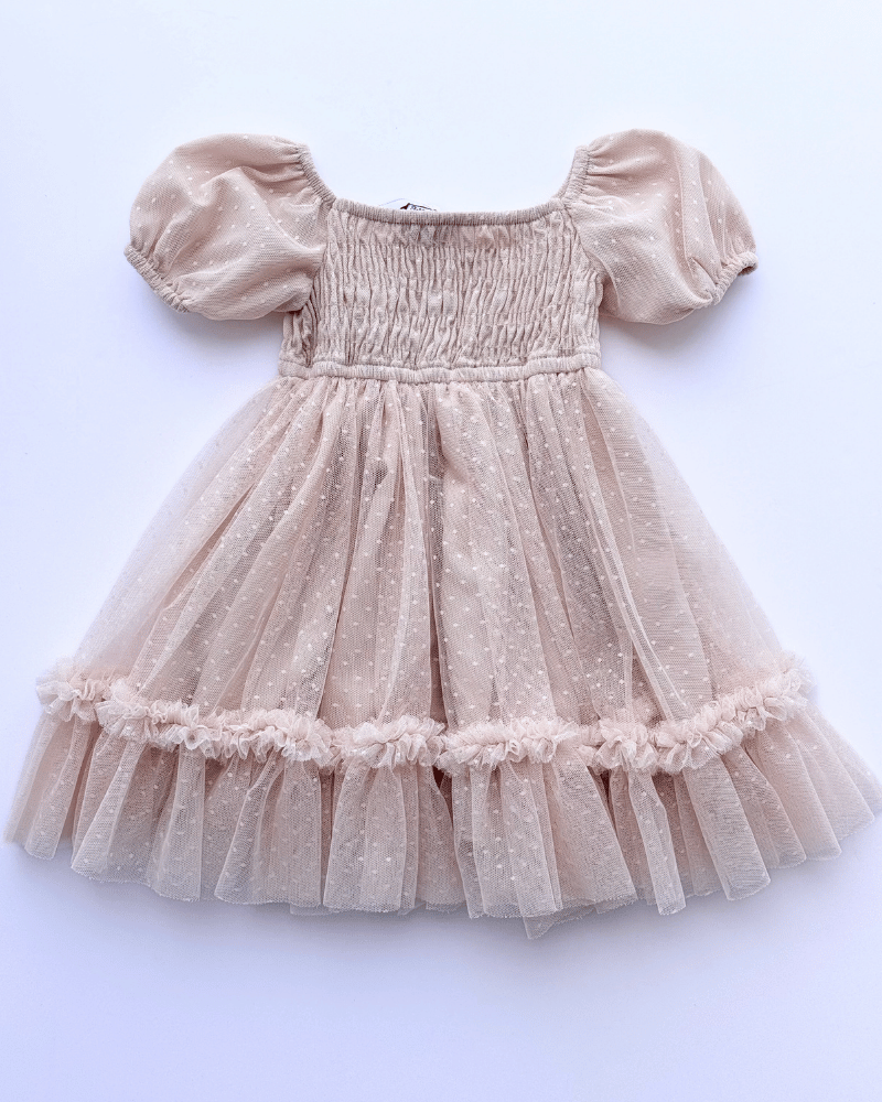 PREORDER! Smocked Dots Tulle Dress - Champagne 