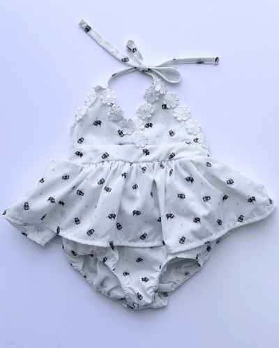 PREORDER! Tillie Floral Trim Halter Romper Dress - Bumble Bee #product_type - Bailey's Blossoms