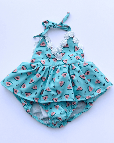 PREORDER! Tillie Floral Trim Halter Romper Dress - Watermelon #product_type - Bailey's Blossoms