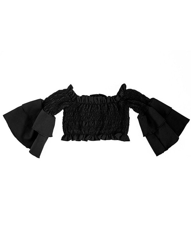 Darcy Smocked Bell Sleeve Top Black