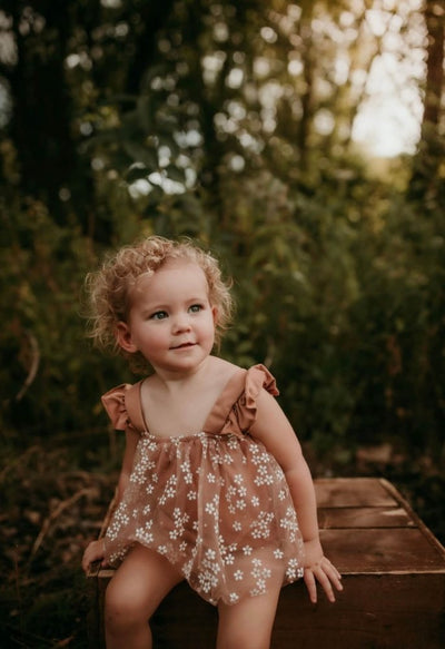 Dixie Sleeveless Mesh Romper - Mocha Daisies #product_type - Bailey's Blossoms