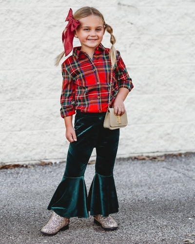Lina Pleated Velour Bell Bottoms - Hunter #product_type - Bailey's Blossoms