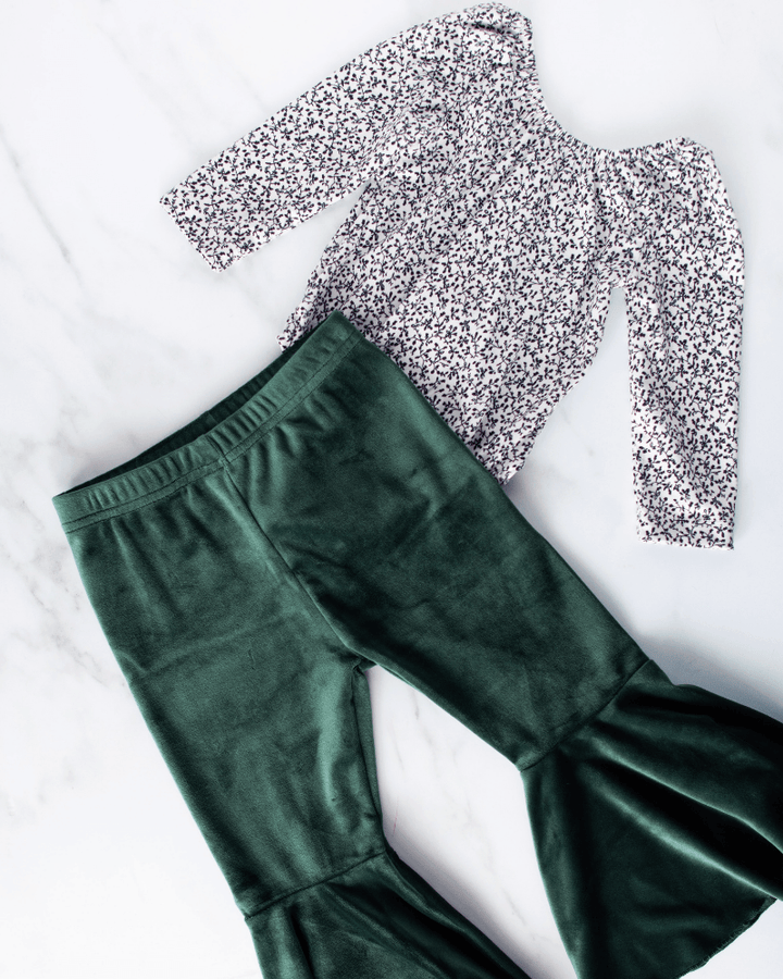 Lina Pleated Velour Bell Bottoms - Hunter 