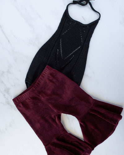 Lina Pleated Velour Bell Bottoms - Wine #product_type - Bailey's Blossoms