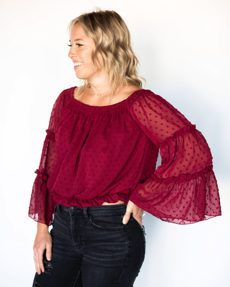 Savanna Off-the-Shoulder Dot Top - Wine #product_type - Bailey's Blossoms